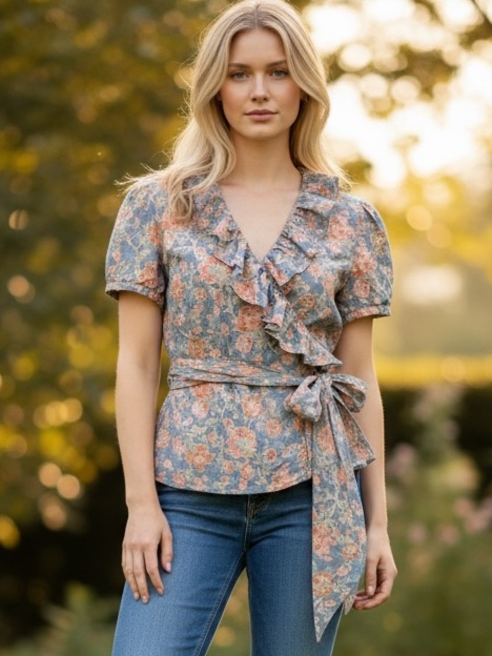 Ralph Lauren Jeans Co Short Sleeve Floral Wrap Top SZ XL in Blue Multicolor